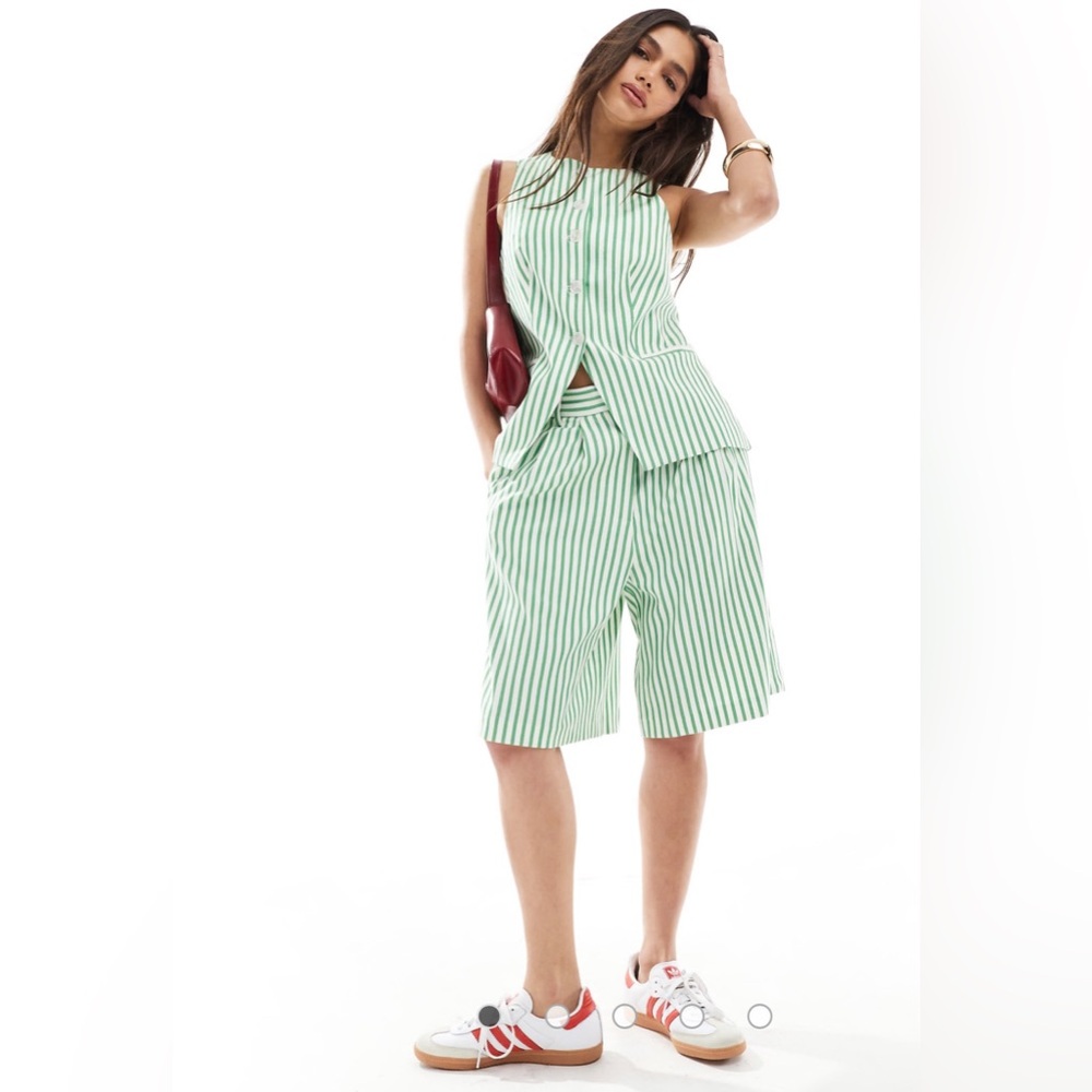 ASOS DESIGN longline high waist tailored shorts in green stripe